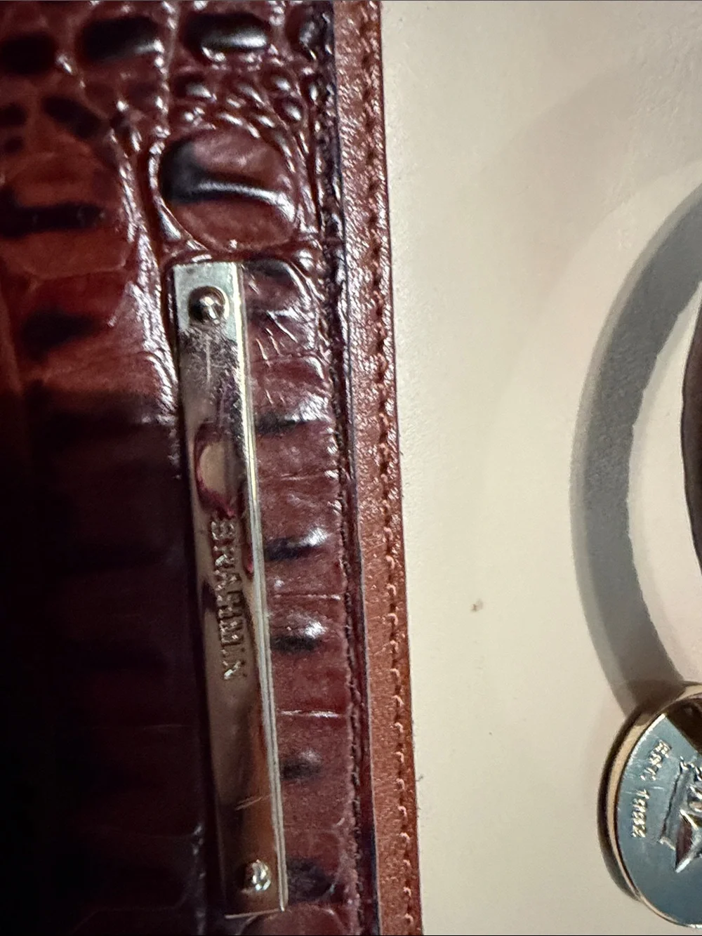 Brahmin Cream and Brown Croc-Trim Leather Satchel with Shoulder Strap